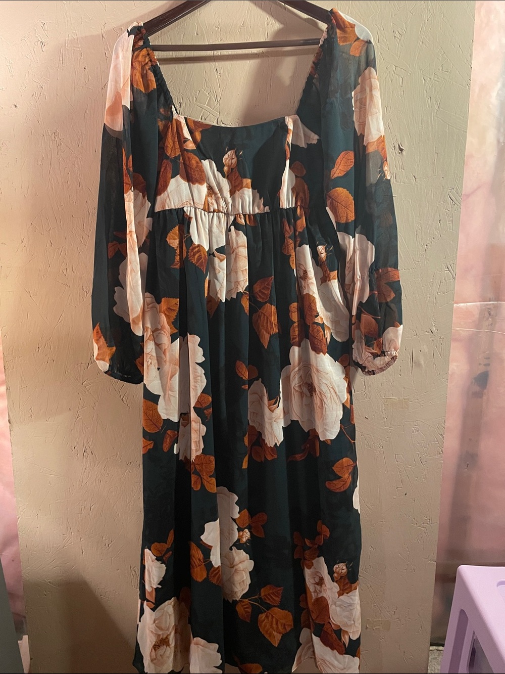 London Times Black Maxi Dress with White Roses and Brown Leaves